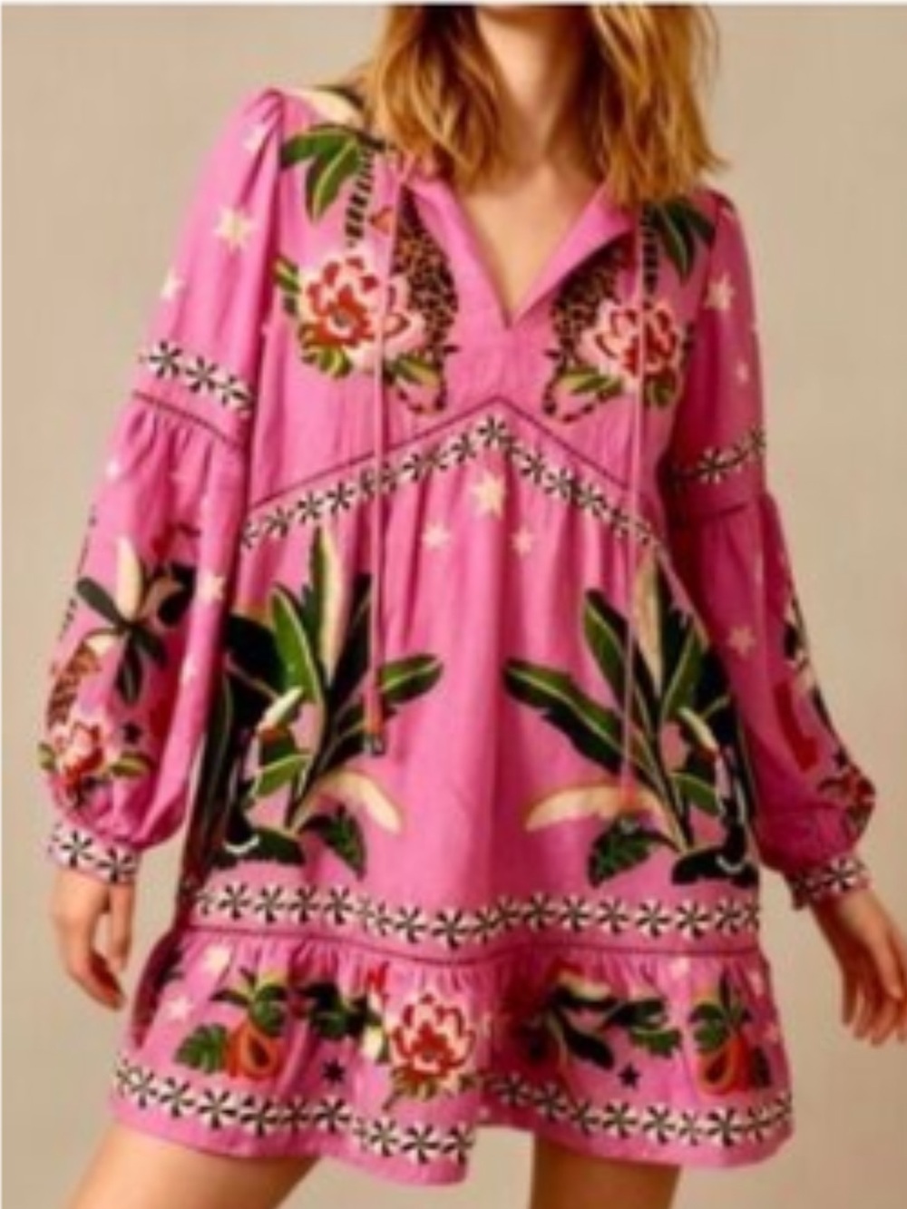 FARM rio Sz L, Leopard Forest Linen Blend, Pink Floral Mini Dress. Fully Lind